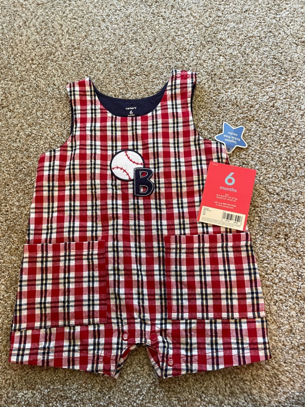 NWT Carter's Red Plaid Baseball Applique Romper